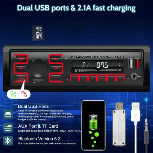 Oto Teyp 4x50 Watt Bluetooth Dual Usb Tf Aux 7 Renk Ekran ES-P3020